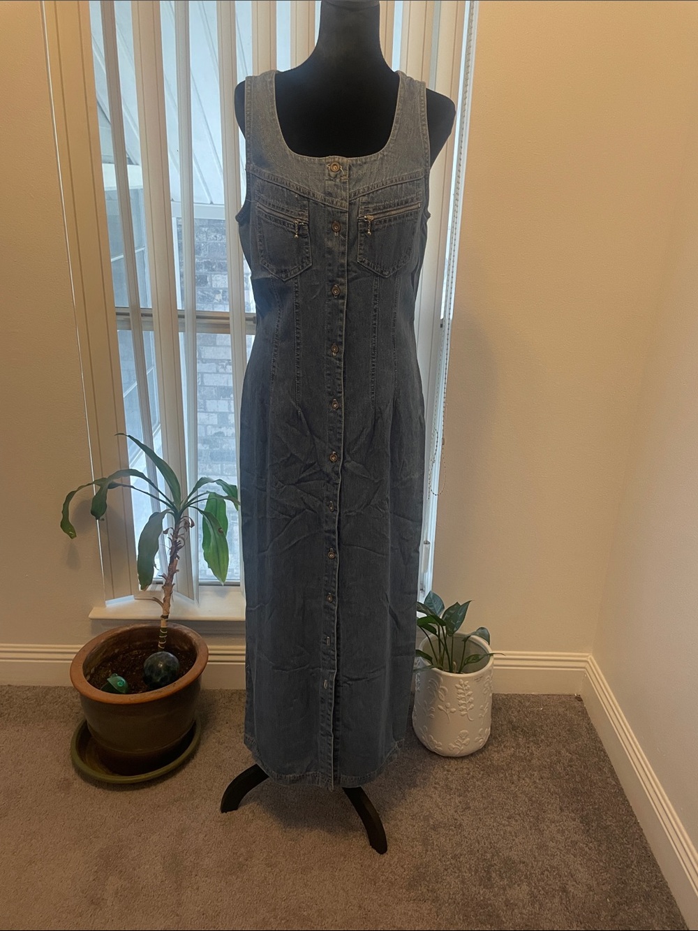 Sleeveless Denim Button-Front Maxi Dress in Blue